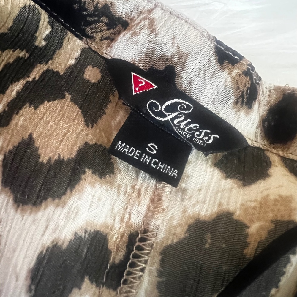 EUC [Guess] Sheer Leopard Top | Smocked Button Down Shirt Cheetah Blouse | Small - Picture 5 of 14